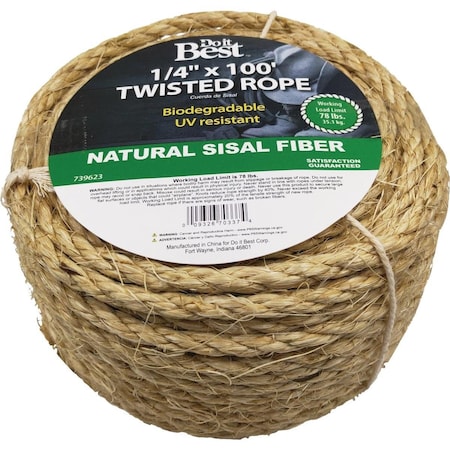 All-Source 1/4 In. x 100 Ft. Natural Twisted Sisal Fiber Packaged Rope 739623